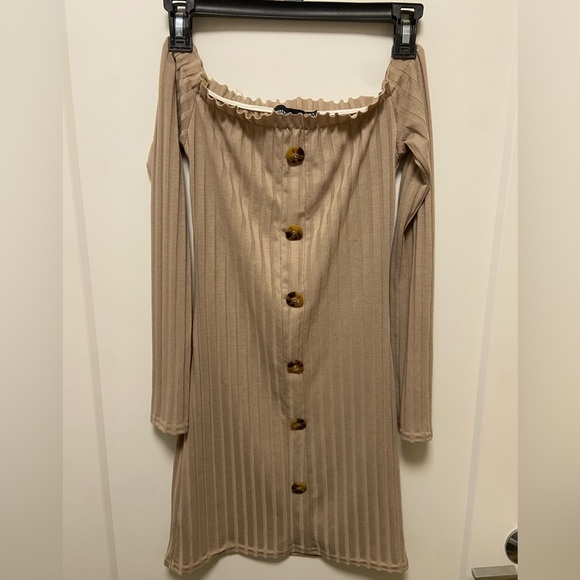 Stone Ribbed Button Mini Dress  - Size 2 - Picture 2 of 4